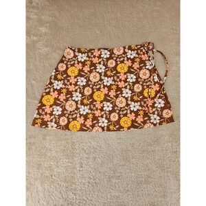 Vtg Style Hollister Brown Floral Swim Wrap Mini Skirt 70s Retro Daisy Print Boho